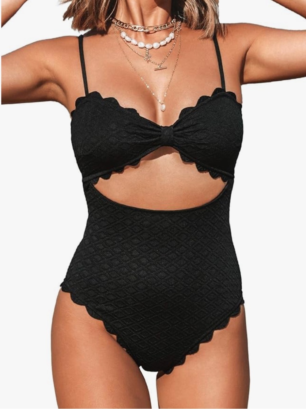 Cupshe - Black Scallop-Trim One-Piece Bodysuit